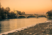 Bridge, Panorama Of Turin At Sunset