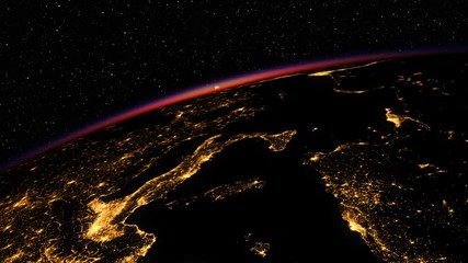 Wall Mural - sunrise in space. amazing night view on european zone of planet earth. highly detaled 3d animation. 