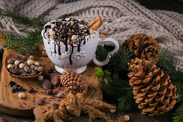 Wall Mural - Christmas or New Year composition with hot chocolate or cocoa drink with whipped cream