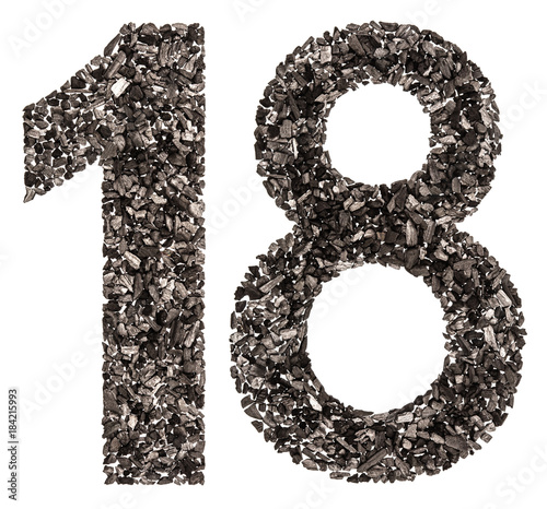Fotografía Arabic numeral 18, eighteen, from black a natural charcoal, isolated on white ba