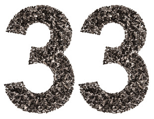 Arabic numeral 33, thirty three, from black a natural charcoal, isolated on white background