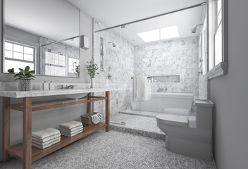 3d rendering modern minimal bathroom with scandinavian decor and nice nature view from window