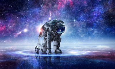 astronaut starting to run. mixed media
