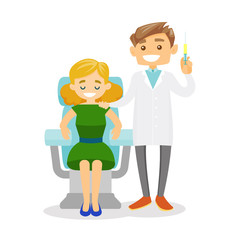 Wall Mural - Young caucasian white doctor standing next to the female client in beauty salon and holding a syringe for beauty injection. Vector cartoon illustration isolated on white background. Square layout.