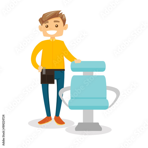 Young Caucasian White Hair Stylist With Hairdressing Tools On His