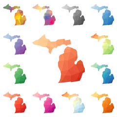 Poster - Michigan geometric polygonal, mosaic style US state maps collection. Bright abstract tessellation, low poly style, modern design. Michigan polygonal maps for your infographics or presentation.