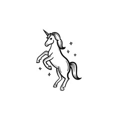 Sticker - Vector hand drawn unicorn with magic stars outline doodle icon. Unicorn with magic stars sketch illustration for print, web, mobile and infographics isolated on white background.