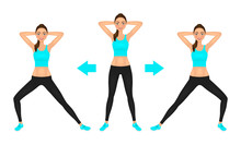 Smiling Young pretty woman make lunge exercise with hands behind head. Fit girl in leggings and crop top. Vector illustration.