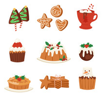 Christmas Food Vector Desserts Holiday Decoration Xmas Family Diner Sweet Celebration Meal Illustration. Traditional Festive Winter Cake Homemade X-mas Party