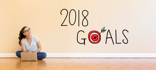 Poster - 2018 Goals text with young woman using a laptop computer on floor