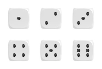 Poster - 3d rendering of a set of six white dice in front view with black dots showing different numbers.