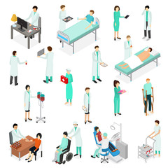 Wall Mural - Nurses Attending Patients Icons Set Isometric View. Vector