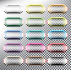Wall Mural - Elliptical vector web buttons set. Round glossy web buttons. Isolated with realistic, transparent glass shine and shadow on the light background. Vector illustration. Eps10.