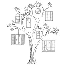 Window Tree Graphic Black White Abstract Doodle Sketch Illustration Vector
