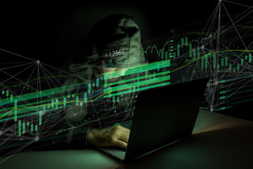 Poster - hacker man in the dark using computer to hack data and information system