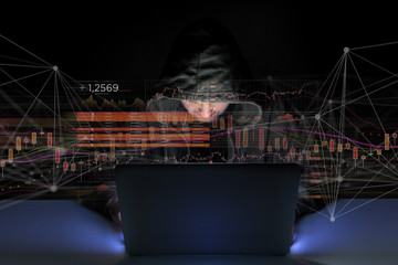 Poster - hacker man in the dark using computer to hack data and information system