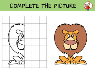 Funny lion sitting. Copy the picture. Coloring book. Educational game for children. Cartoon vector illustration