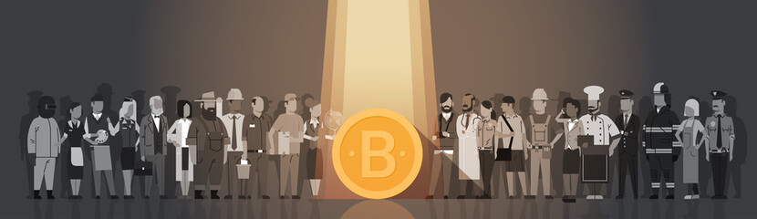 Poster - Golden Bitcoin In Spot Light Over Silhouette People Crowd Modern Web Money Digital Currency Concept Flat Vector Illustration