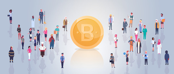 Poster - Golden Bitcoin Over People Crowd Modern Web Money Digital Crypto Currency Concept Flat Vector Illustration