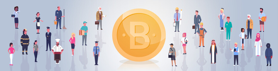 Poster - Golden Bitcoin Over People Crowd Modern Web Money Digital Crypto Currency Concept Horizontal Banner Flat Vector Illustration
