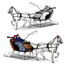 Couple Riding A Horse In A Sleigh In Winter, Cartoon On White Background,