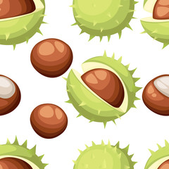 Wall Mural - Seamless pattern chesnut peeled and whole horse chestnuts drawing of chestnuts with and without green peel delicious healthy vegan snack flat style vector illustration web site page and mobile app