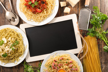 Canvas Print - assorted spaghetti with sauce and ingredient