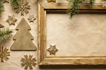 Sticker - Christmas background - picture frame, tree, stars and snowflakes on paper sheet