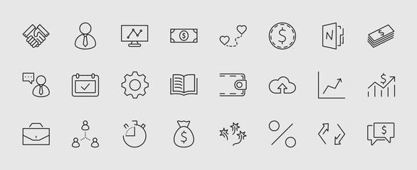 Poster - Set of business vector line icons. It contains symbols of a handshake, a user, dollar pictograms, gears, a briefcase, a bag of money, a schedule and much more. Editable move. 32x32 pixels.
