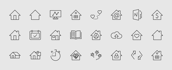 Poster - Set of house vector line icons. Contains symbols of the conclusion of the contract, heart, a drop of water, fire, money and many other things. Editable move. 32x32 pixels.