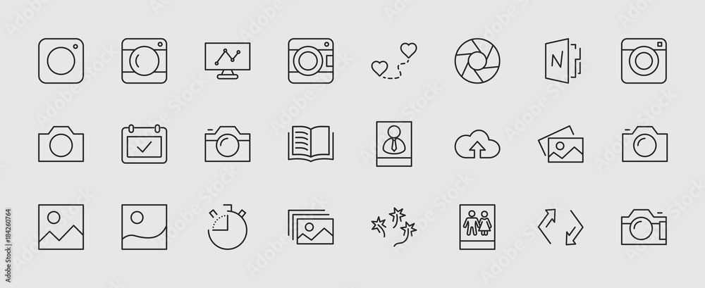 Set of cameras and photo, vector line icons. Contains symbols of portraits and family photos and much more. Editable move. 32x32 pixels. - obrazy, fototapety, plakaty 