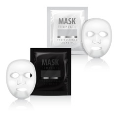 Wall Mural - Realistic facial sheet mask and sachet. Vector mock up template. Beauty product packaging on white background