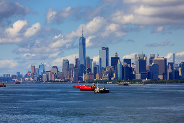 Poster - Freighters in Harbor with New York City in Background