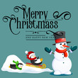 © anutaberg - Snowman in black hat and gloves, red scarf tied around neck, nose from the carrot, penguins ride from snow hill on sleigh, marry christmas happy new year vector illustration