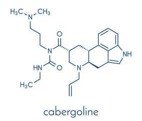 Sticker - Cabergoline drug molecule. Used in Parkinson's disease and other disease conditions. Skeletal formula.