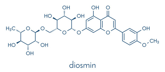 Sticker - Diosmin venous disease and hemorrhoids drug molecule. Skeletal formula.