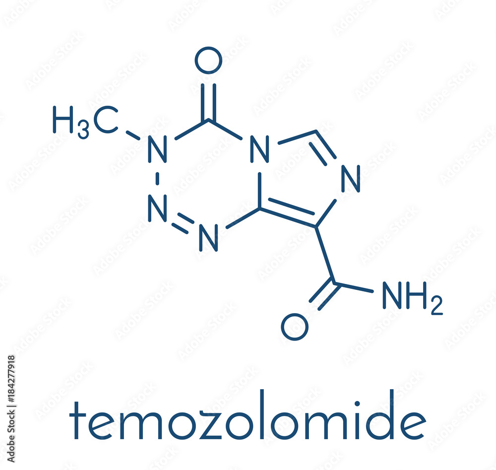 Temozolomide cancer chemotherapy drug molecule. Skeletal formula.