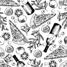Vector Hand Drawn Seamless Pattern Of Pizza, Wine, Olives And Tomato. Italian Food. Hand Drawn Set Of Fast Food. Vintage Engraved Illustration. Restaurant, Menu, Street Food, Bakery, Cafe, Flyer