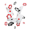 Falling casino chips and aces with blurred elements, vector illustration, isolated on white