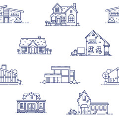 Fototapete - Seamless pattern with suburban houses drawn with blue contour lines on white background. Monochrome backdrop with various living or residential buildings. Vector illustration in lineart style.