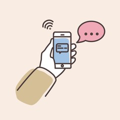 Poster - Hand holding smartphone with text message on screen and speech bubble. Phone with chat or messenger notification. Instant messaging service, chatting. Colorful vector illustration in line art style.