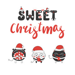 Hand drawn Christmas greeting card with cute funny little monsters in Santa Claus hats, with candy. Isolated objects on white background. Design concept kids, winter holidays. Vector illustration.