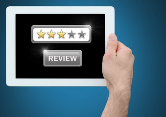 Poster - Hands holding tablet with review star ratings