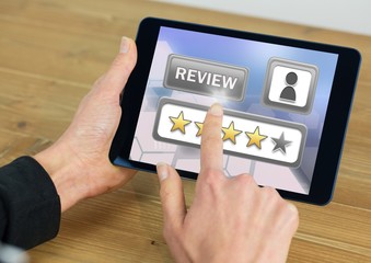 Poster - Hands holding tablet with review star ratings