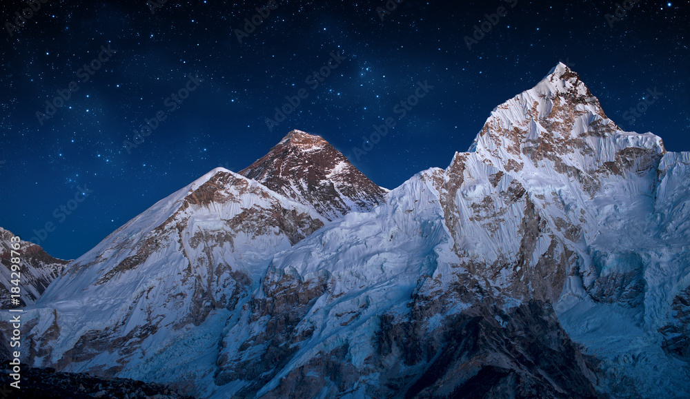 Panoramic view of Mount Everest and Mount Nuptse taken after sunset,Himalayas - obrazy, fototapety, plakaty 