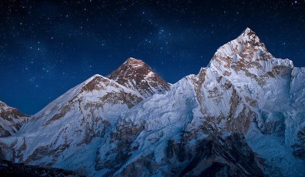 Panoramic view of Mount Everest and Mount Nuptse taken after sunset,Himalayas