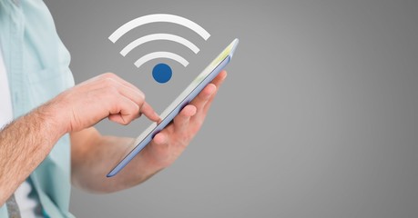 Poster - Hand holding tablet with 3D wi-fi icon