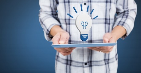 Poster - Hand holding tablet with 3D light bulb idea icon