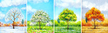 Watercolor Landscape Of Series "Tree In Different Seasons"
