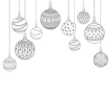 Vector Christmas Card From  Hand Drawing Christmas Tree Ball Toys. Greeting Invitation Christmas Background. Coloring Page Book